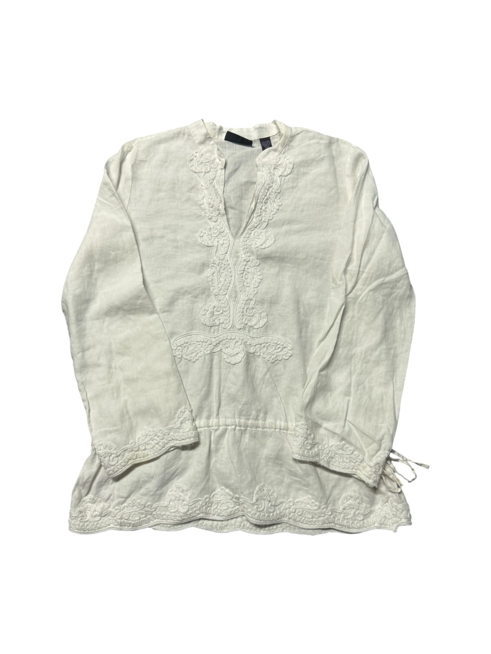Context 100% Linen Embroidered Tunic Blouse Women’s Size 10 Ivory Boho Peasant